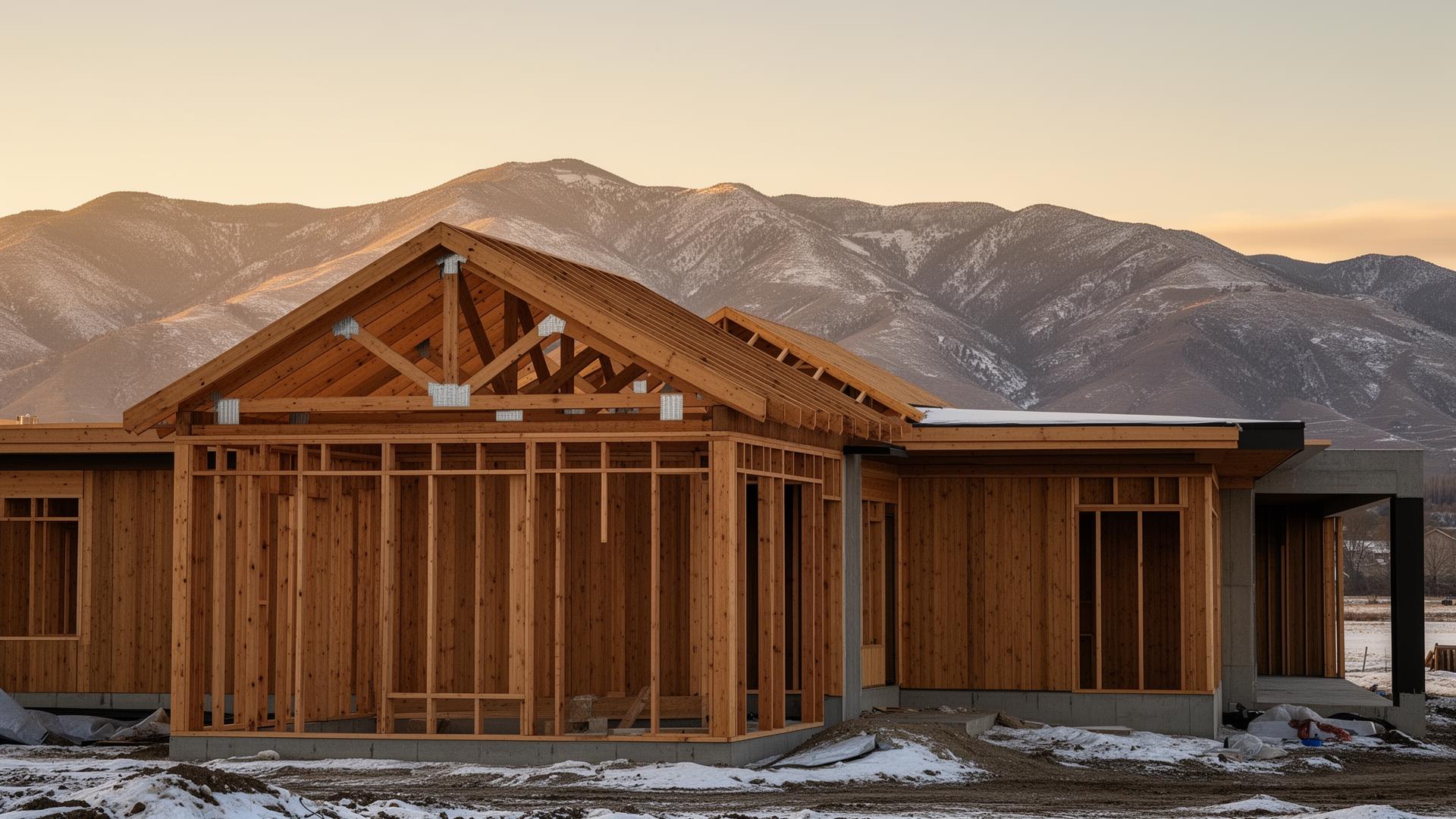 Custom home framed against the Wellsville Mountains at sunrise in Cache Valley, Utah